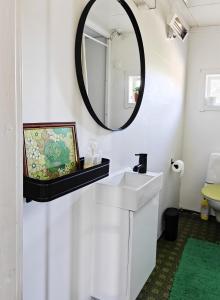 a bathroom with a sink and a mirror at 2 Houses and A Barn in Leknes +11 photos