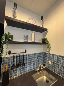 a kitchen with a sink and shelves with utensils at Studio Lent Riverstay in Maribor +36 photos