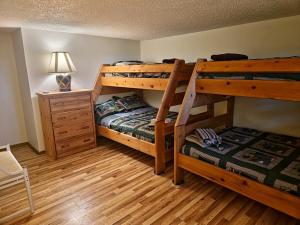 a bedroom with two bunk beds and a night stand at Rustic Mountain Escape Waterpark, Ski & Views! in Tannersville +24 photos