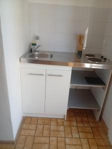 Saint-Pryvé-Saint-MesminにあるMaison 2 - entre ville et verdureの白い小さなキッチン(シンク、カウンター付)