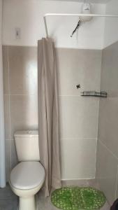 a bathroom with a toilet and a shower curtain at Santa Teresa Alley Hostel in Sucre