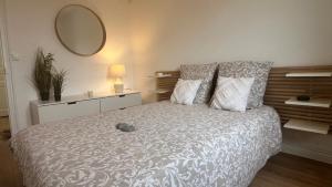 a bedroom with a bed with a mirror on the wall at 100 m de la mer, Sauna, Wifi in Mers-les-Bains
