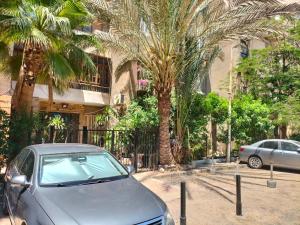 a car parked in front of a building with palm trees at Quiet Living in Cairo