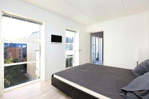 コペンハーゲンにあるCITY, LUX APARTM - 2 FULL BATHROOMs, 1vのベッドルーム1室(ベッド1台、大きな窓付)