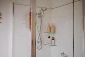 une salle de bain avec une douche et deux étagères avec des bouteilles dans l'établissement Hilltop Hideaway ~ Bay of Fires, à Binalong Bay 37 autres photos