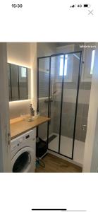ルマンにあるChambre avec espaces communs-proche du circuit des 24hのシャワーと洗濯機付きのバスルーム