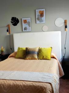 a bedroom with a bed with two pillows on it at Departamento Cerca Parque Termal Rodo-Hue 2 in Dolores