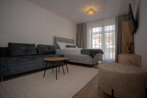 a living room with a couch and a bed at SARAJEVO SUITES No 23 Free parking in Sarajevo