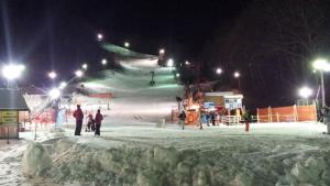 un groupe de personnes skier la nuit sur une piste de ski dans l'établissement Magic Moments Holiday home, à Gatlinburg
