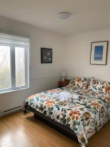 a bedroom with a bed with a colorful comforter at Bleuzen appartement du haut in Petite-Rivière-Saint-François