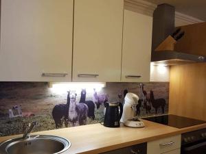 a kitchen with a counter with a sink and a picture of horses at Edelweiss Riding stable Alpine Appart in Umhausen