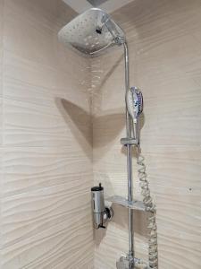 une douche dans une salle de bain avec une pomme de douche dans l'établissement Deluxe Apartment Room #12, à Ikeja 17 autres photos