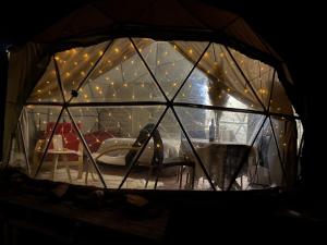 a glass igloo with a table and chairs in it at Terrana Ecolodge Mountain Domes in Ciudad Lujan de Cuyo