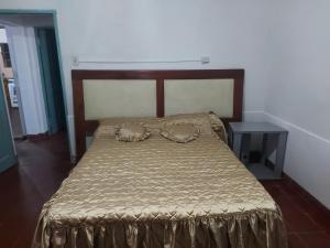 a bed with a brown comforter and two pillows on it at Alojamiento Las nenas a la vuelta del corsodromo in Gualeguaychú