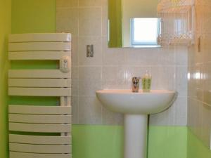 a bathroom with a sink and a green wall at Charmant Gîte Familial proche du Lac de Chemillé-sur-Indrois, 3 Ch, Jardin, Activités, Châteaux. - FR-1-381-375 in Chemillé-sur-Indrois