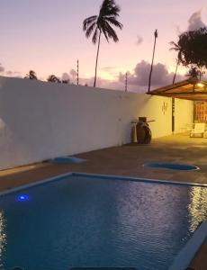 una piscina accanto a un muro bianco con una palma di Chácara Amsterdam ad Aracaju