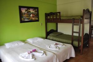 2 camas en una habitación con paredes verdes en Dos Palmas Studio Apartments, en Alajuela