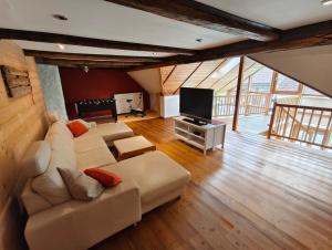 a living room with a couch and a flat screen tv at Ferienwohnung Haiberg in Rudolfing