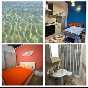 a collage of four pictures of a kitchen and a bathroom at Casa Sikelia in Marsala