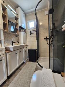 a bathroom with a shower and a sink at Apartman Prošperino in Vis +19 photos