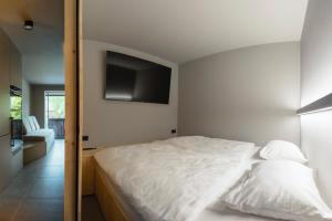 une chambre avec un lit et une télévision au mur dans l'établissement Alpine Nest Bovec, à Bovec