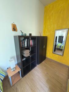 a living room with a book shelf and a mirror at Casa Pax - Hab El Rincón del Pescador Frente al Mar in La Paz