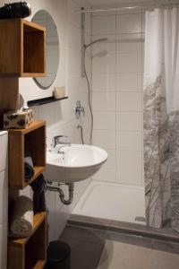 a bathroom with a sink and a shower at Ferienwohnung Auszeit in Salem +15 photos