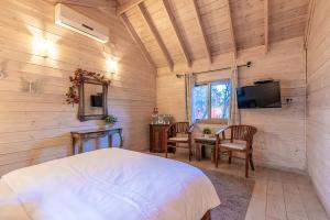 a bedroom with a bed and a desk and a television at הבקתות של רחל in Kahal