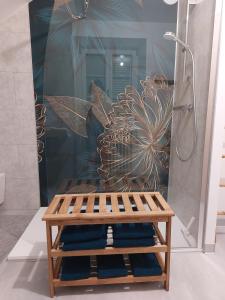 bagno con doccia e panca con asciugamani di Un Détour Par Thiénans cottage entier 