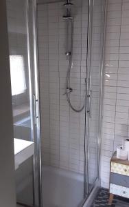 a shower with a glass door in a bathroom at Celle di Lecchi Vigneto in San Sano