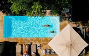 a pool with a person swimming in it and a umbrella at Vitrage Holiday Village and Spa in Beit Hillel