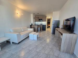 a living room with a white couch and a tv at 2Cap d'Agde NATURISTE Grand T2 de standing avec GARAGE privé in Cap d'Agde