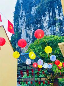 a bunch of colorful umbrellas hanging above a building at Tràng An Sunny River Homestay in Ninh Binh
