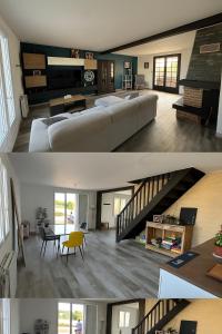 a living room with a large bed and a room with a staircase at Villa Perle Atlantique in La Vallée