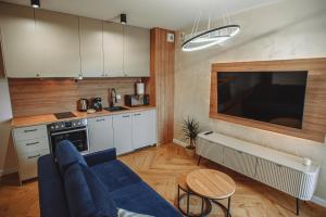 a living room with a blue couch and a kitchen at Modern Luxury Apartment & Parking in Leszno