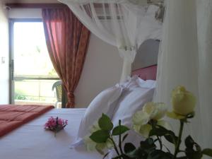 a bedroom with a white bed with a canopy at Angela Hotel in Agia Marina Aegina