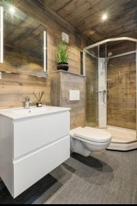 a bathroom with a sink and a toilet and a shower at Cabin at the end of Skardsøya towards the sea - boat in Bukta