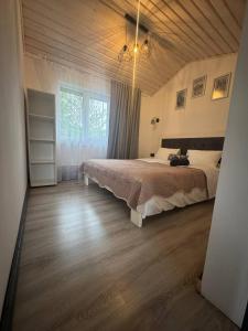 a bedroom with a bed and a large window at Family House Volosianka in Volosyanka