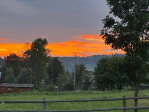 a sunset in a field with a fence and trees at Family House Volosianka in Volosyanka