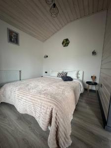 a white bedroom with a large bed with a blanket at Family House Volosianka in Volosyanka