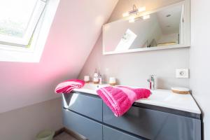 a bathroom with a sink and a mirror at Les gîtes de Lanevry 800m plage in Kerlaz +69 photos