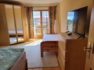 a bedroom with a bed and a tv and a window at Ferienwohnung bei Helga in Tittmoning