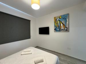 a bedroom with a bed and a painting on the wall at Modern Apartment, Walking Distance to Beach, Hot Tub, BBQ in Paphos City