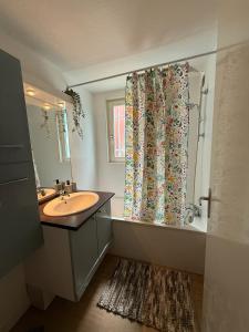 a bathroom with a sink and a shower curtain at T2 élégant plus piscine in Le Teich +16 photos