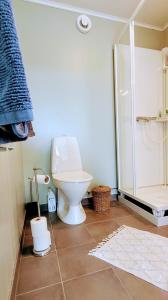 a bathroom with a toilet and a glass shower at Cosy private cottage with stunning view in Sunne