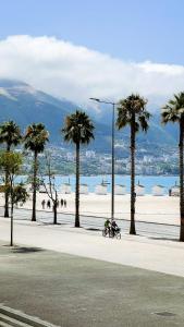 eine Person, die auf einem Bürgersteig neben Palmen Fahrrad fährt in der Unterkunft Rio Boutique Hotel Vlore in Vlorë