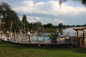 a swimming pool with a view of a river at Lake Roy Beach Inn - Winter Haven in Winter Haven
