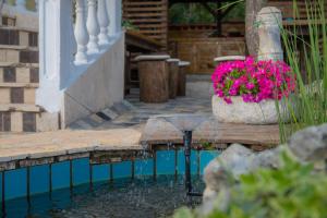 a pool of water with a pot of pink flowers at Apartman Katarina in Dramalj
