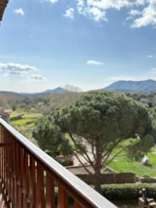 a balcony with a view of a tree and mountains at Apartamentos Cal Ratero in Maçanet de Cabrenys