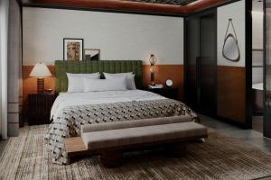 a bedroom with a large bed with a bench in it at The SOMM Hotel & Spa, Autograph Collection in Woodinville +27 photos
